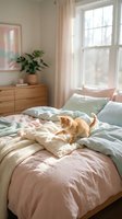 Ginger cat stretching on pastel bedding in bright bedroom with wooden furniture, potted plant, and natural window light for home decor and lifestyle content.