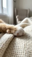Close-up of cat paws on cream knit blanket in bright bedroom with window light and furniture in background. Perfect for pet, comfort and cozy home themes.
