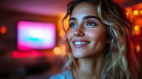 Young woman with blonde wavy hair smiling in neon lights atmosphere, looking up with dreamy expression. Vibrant red and blue bokeh background creates modern nightlife mood.