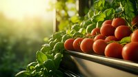 Fresh ripe red tomatoes and green basil herbs in wooden tray on garden table with warm sunlight background for organic farming and healthy cooking.