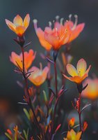 Delicate orange wildflowers bloom against dark background, petals glowing with sunset colors. Macro photography captures ethereal garden atmosphere in soft focus.