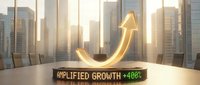 Upward trending arrow with amplified growth plus 400 percent text on conference table with city skyline background for business success concepts.