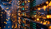 Server rack with glowing LED indicators in data center surrounded by golden bokeh light effects, creating futuristic technological atmosphere for computing and networking concepts.