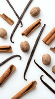 Aromatic baking spices scattered on white background featuring vanilla beans, cinnamon sticks and walnuts for culinary and cooking projects.