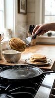 Hand flipping golden pancake with spatula in warm kitchen, steam rising from hot pan, stack of fresh pancakes ready for breakfast cooking.