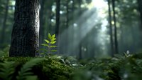 Mystical forest scene with sunbeams piercing through morning mist, illuminating young green plant and moss-covered ground against dark tree trunk in ethereal woodland.