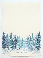 Snowy winter forest landscape with evergreen trees in varying shades of blue and teal, featuring snow-covered ground and festive holiday text at bottom. Isolated design on cream background.