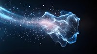 Glowing digital particle wave flowing across dark background, representing data stream, technology innovation, and abstract energy movement for tech concepts.