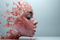 Female profile with disintegrating coral pink particles creating surreal dispersion effect against light background, artistic portrait showcasing transformation.