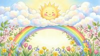 Cheerful sun with smiling face shines above colorful rainbow arching over spring flower meadow with blooming tulips, daisies and cherry blossoms in pastel sky.