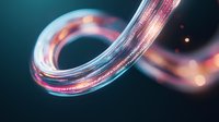 Glowing curved fiber optic line with pink and blue light effects against dark background, digital network concept for technology and communication.