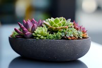 Colorful succulent arrangement in modern black ceramic bowl featuring purple and green plants for home decor and gardening projects.