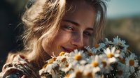 Young woman with freckles smiling while holding bouquet of fresh daisies in warm sunlight, creating natural beauty portrait with soft bokeh background.