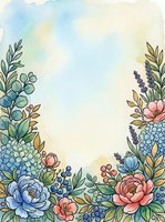 Watercolor floral border frame with peonies, hydrangeas, lavender, and berries on soft pastel background with copy space.