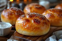 Fresh homemade burger buns with sesame seeds on wooden cutting board, golden brown glossy surface perfect for restaurant menu or food blog, selective focus with blurred background.