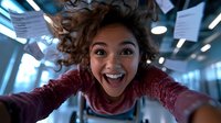 Young mixed race woman with curly hair taking selfie with excited expression wearing burgundy sweater in office hallway, showing joy and enthusiasm.