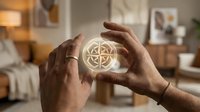 Young adult male with medium-dark skin tone holding glowing compass symbol between hands in modern home interior, representing navigation, guidance, direction finding, and spiritual energy for wellness concepts.