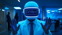 Businessman with futuristic VR helmet displaying data analytics in blue-toned corporate office environment.
