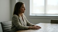 Professional businesswoman in beige blazer sitting at wooden table in modern office space looking thoughtfully out window during daytime meeting or work session.