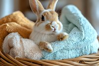 Adorable dwarf rabbit relaxing in wicker basket with soft pastel towels, close up portrait showing fluffy white and brown bunny with expressive face and long ears.