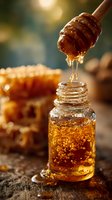 Golden honey dripping from wooden dipper into glass jar with honeycomb in background, captured in warm sunlight on rustic wooden surface.