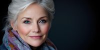 Elegant mature woman with silver hair and bright blue eyes wearing colorful scarf smiles confidently against dark background. Professional portrait showcasing natural aging beauty.