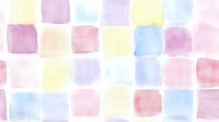 Soft watercolor squares in pastel pink, yellow, and blue create gentle geometric pattern. Seamless repeat design for fabric, wallpaper, and digital backgrounds.