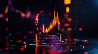 Glowing cryptocurrency trading chart hologram with neon lights and bokeh effects on dark background, financial market analysis visualization in modern style.