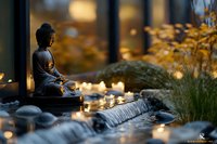 Serene Buddha statue in meditation pose surrounded by glowing candles and zen stones along flowing water, set against warm autumn foliage background.