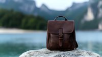 Vintage brown leather backpack on rock against blurred mountain lake backdrop, showcasing outdoor adventure lifestyle and travel accessories.