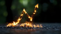 Burning financial chart arrow rising from ashes, creative concept showing market recovery and growth through crisis, dramatic lighting on dark background.