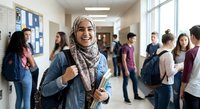 Smiling young Middle Eastern female student wearing hijab and denim jacket in busy school hallway with diverse classmates carrying backpacks during break time.