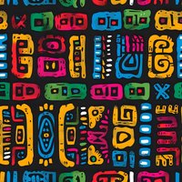 Vibrant ethnic pattern with colorful tribal symbols and hieroglyphic elements on dark background. Seamless repeat design for fabric, wallpaper and wrapping paper.