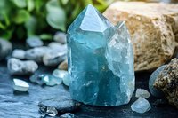 Aqua blue crystal cluster formation on dark stone surface with natural rocks and green foliage background, showcasing mineral specimen in macro detail.