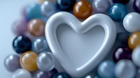 White ceramic heart shape surrounded by colorful glossy spheres and balls in blue, gold, gray and purple tones creating romantic abstract composition.