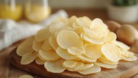 Fresh potato slices arranged in overlapping layers on wooden cutting board, raw ingredients ready for cooking, selective focus with natural lighting.