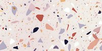 Pastel terrazzo pattern with scattered geometric shapes in soft pink, purple, and peach tones on light background creates modern abstract seamless surface design.