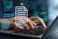 Business professional using laptop for digital workflow automation and document management system with approval process icons and checkmarks.