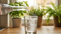 Pouring fresh water into glass with potted plants in background on wooden table, indoor gardening and plant care.