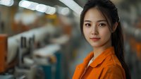 Young Asian woman in orange business attire smiling confidently at camera with soft bokeh background, professional corporate portrait with warm lighting and shallow depth of field.