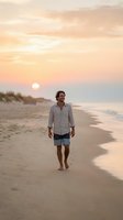 Man with dark hair and facial hair, Caucasian ethnicity, wearing casual linen shirt and shorts, walking barefoot on sandy beach during golden hour sunset with calm ocean waves and soft peachy sky.