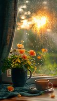 Orange cosmos flowers in blue mug by window with coffee cup, rain drops on glass, sunlight creating bokeh effect, cozy autumn morning atmosphere.