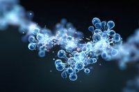 Glowing blue molecular structure with translucent spherical particles and light effects floating in dark space, scientific visualization of microscopic cells.