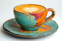 Artistic coffee cup with latte art heart pattern in turquoise and orange ceramic, featuring splatter paint design on distressed cup and saucer set against white background.