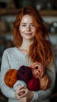 Young woman with natural red hair and freckles wearing white knit sweater holds colorful yarn balls in autumn shades, expressing genuine joy and contentment.