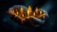 Glowing golden silhouettes of people floating above cupped hands with magical sparkles and light particles against dark background, representing humanity and connection.