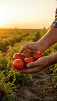 Farmer hands holding fresh ripe tomatoes on vine at sunset over green field, showcasing organic harvest and farm-to-table agriculture.