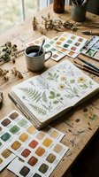 Botanical artist workspace with open sketchbook displaying hand-drawn ferns and wildflowers, watercolor swatches, dried plants, paintbrushes, and coffee mug on wooden desk.