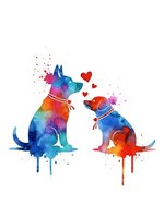 Watercolor dog and cat silhouettes with vibrant rainbow colors and paint splatters showing love and friendship on white background for pet lover designs.