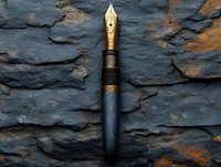 Luxury fountain pen with gold nib on dark stone background. Dramatic lighting highlights premium writing instrument against textured slate surface. Professional stationery concept.
